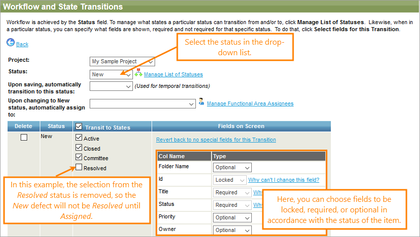 The Workflow and State Transitions screen The Workflow and State Transitions screen