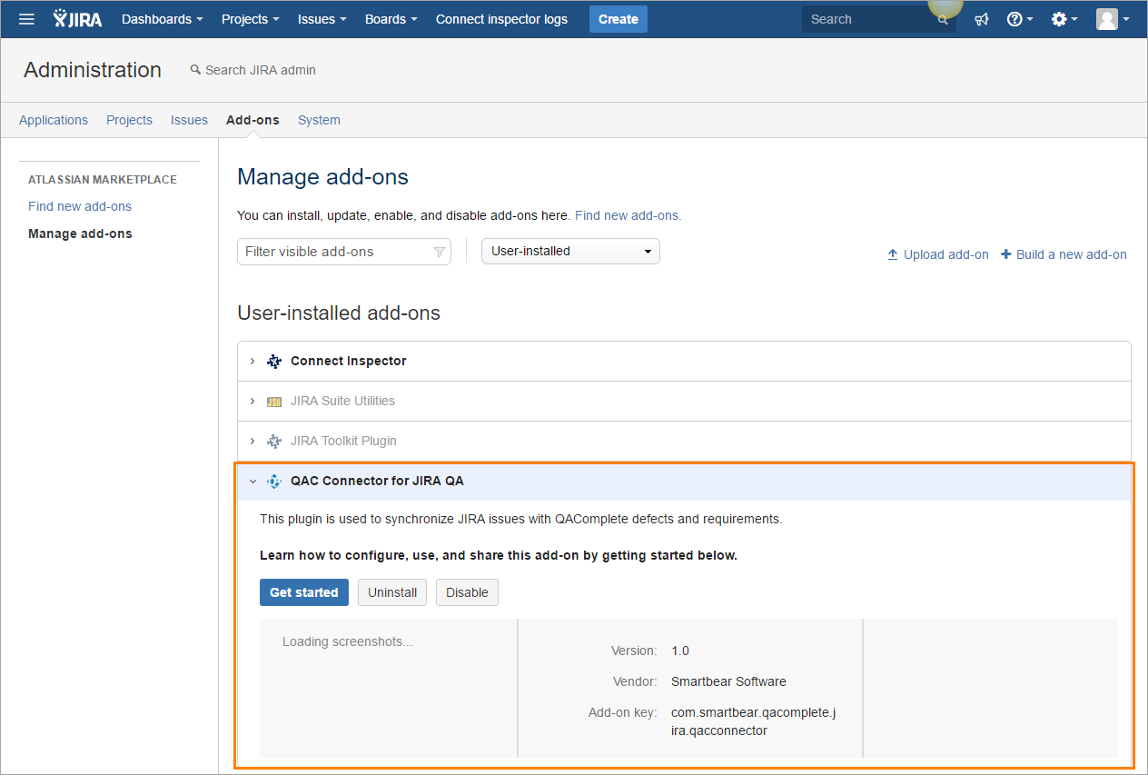 QAComplete integration with JIRA: QAComplete Integration for JIRA Plugin for cloud in JIRA administration console QAComplete integration with JIRA: QAComplete Integration for JIRA Plugin for cloud in JIRA administration console