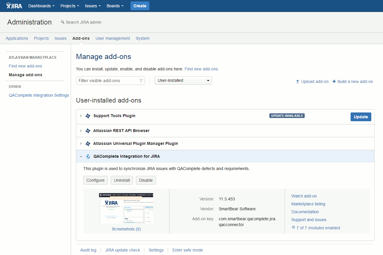 QAComplete integration with JIRA: QAComplete Integration for JIRA Plugin in JIRA administration console QAComplete integration with JIRA: QAComplete Integration for JIRA Plugin in JIRA administration console