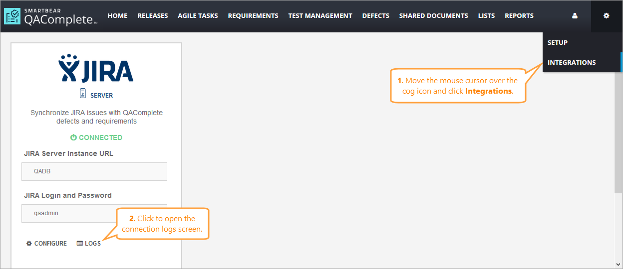 QAComplete: Opening the JIRA connection log screen QAComplete: Opening the JIRA connection logs screen
