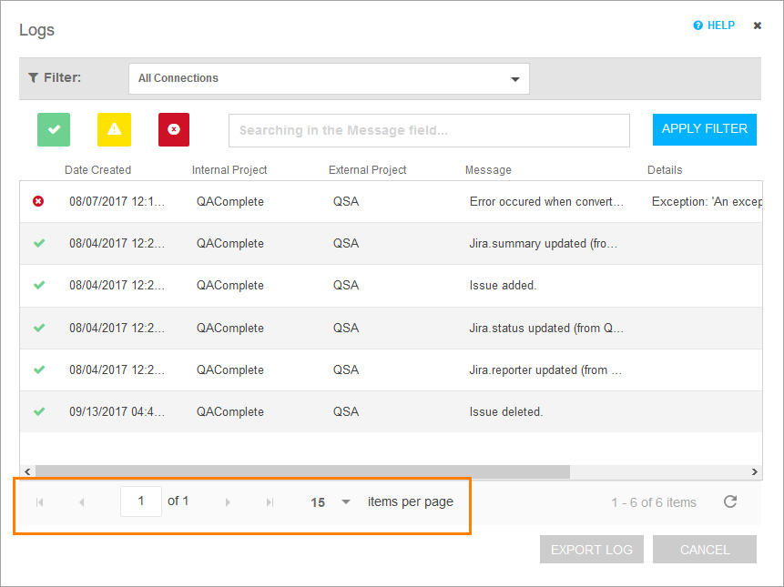 QAComplete: The pagination toolbar on the connection log screen QAComplete: The pagination toolbar on the connection logs screen