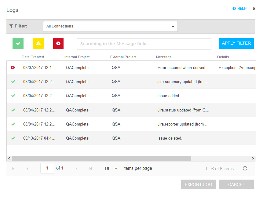 QAComplete: The connection log screen QAComplete: The connection logs screen