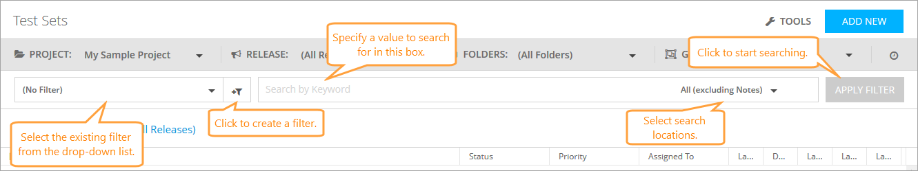 Test Sets: Search and filters Test Sets: Search and filters