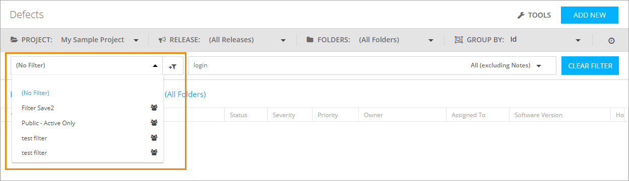 The Filter drop-down list The Filter drop-down list