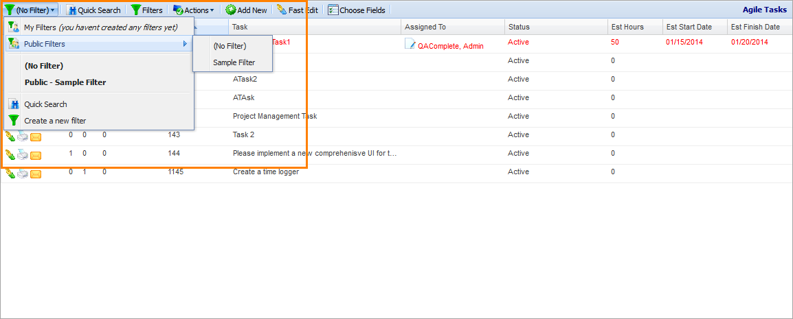 The Filter drop-down list The Filter drop-down list