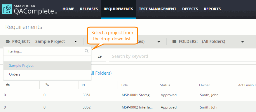 QAComplete Administrator Tutorial: Select a project QAComplete User Tutorial:Select a project