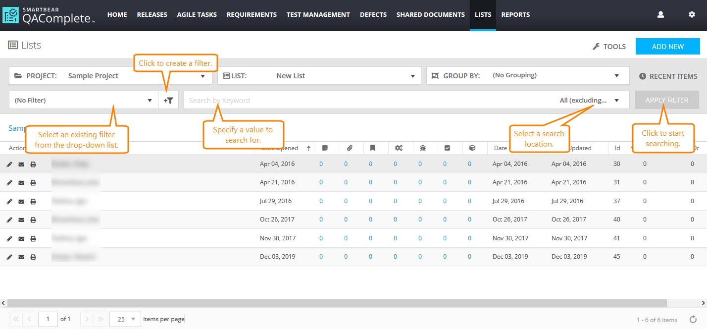 Lists: Search and filters