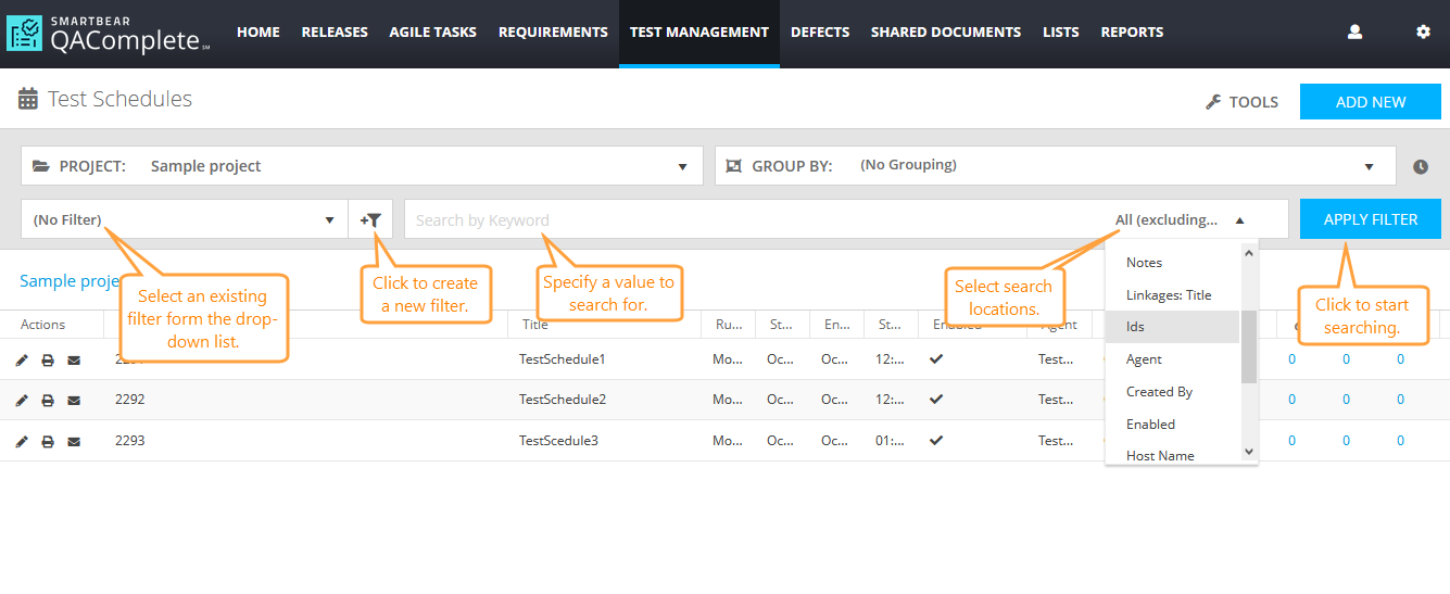 Test Schedules: Search and filters