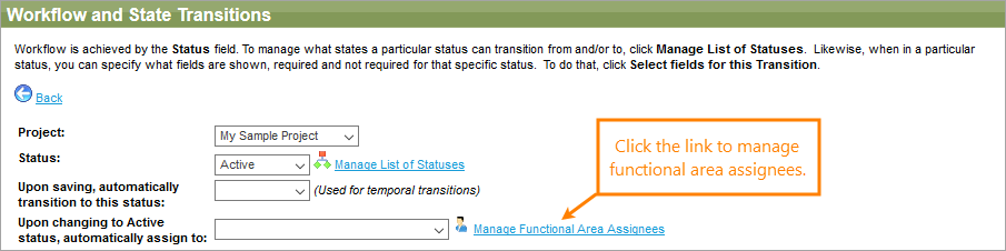 The Manage Functional Area Assignees link location The Manage Functional Area Assignees link location