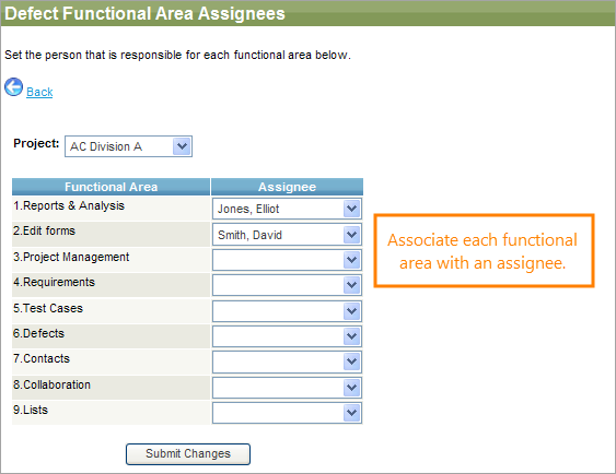 The Defect Functional Area Assignees screen The Defect Functional Area Assignees screen