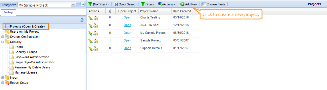 The Projects screen The Projects screen