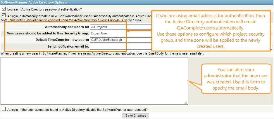 The SoftwarePlanner Active Directory Options section The SoftwarePlanner Active Directory Options section