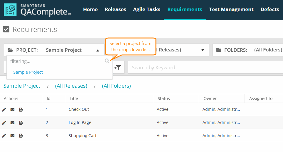 QAComplete Administrator Tutorial: Select a project QAComplete User Tutorial:Select a project