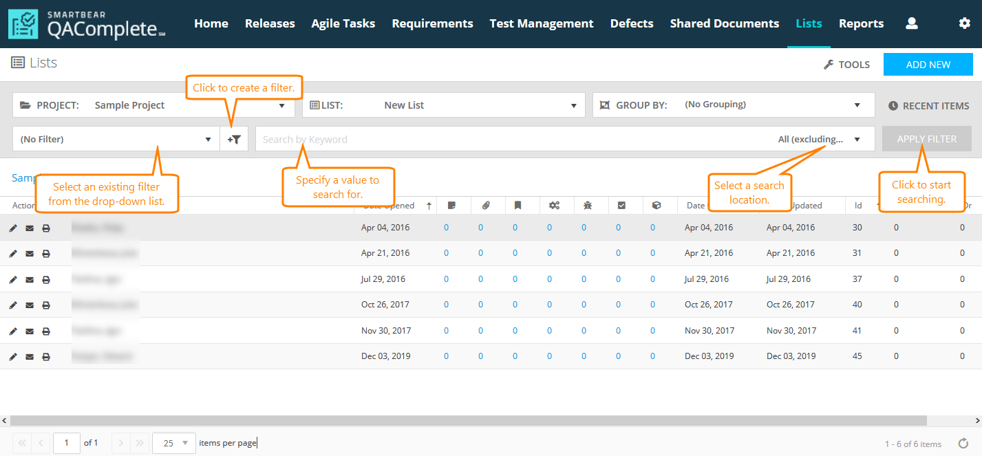 Lists: Search and filters