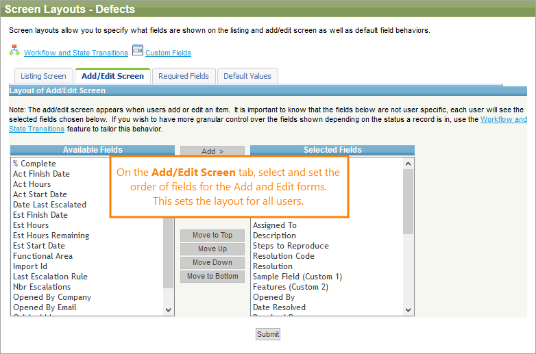 The Add/Edit Screen tab The Add/Edit Screen tab