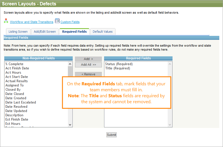 The Required Fields tab The Required Fields tab
