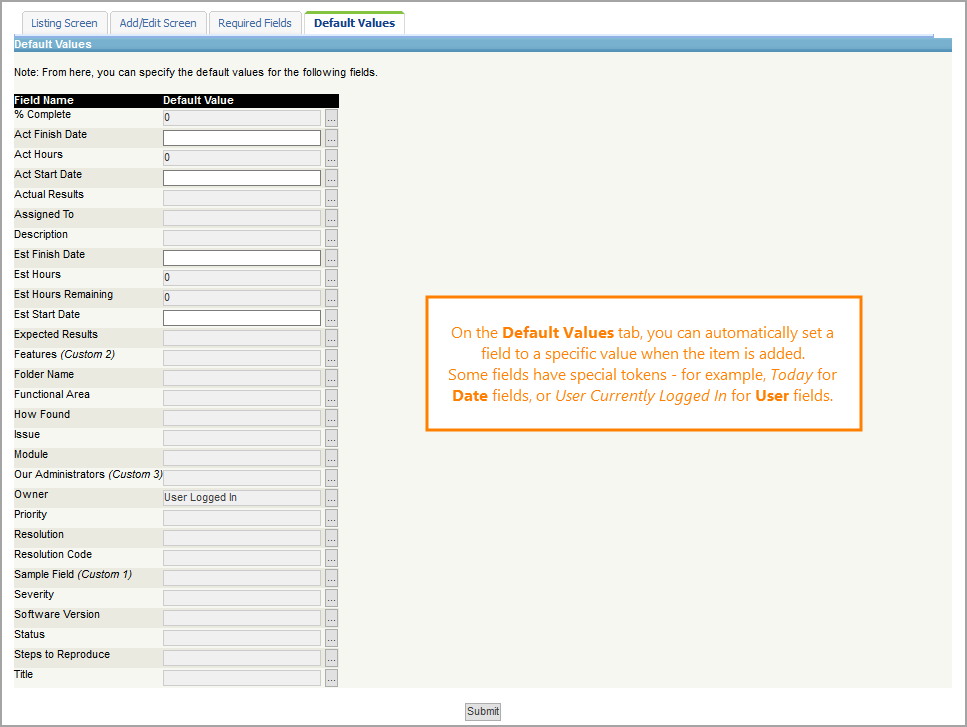 The Default Values tab The Default Values tab