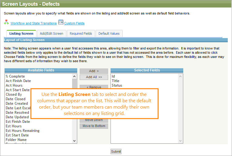 Customizing Screen Layouts The Screen Layouts screen