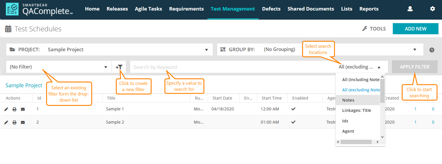 Test Schedules: Search and filters