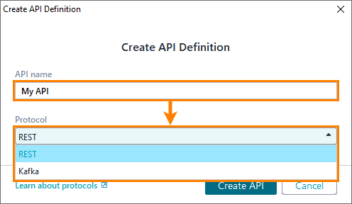 API testing: The Create API definition dialog
