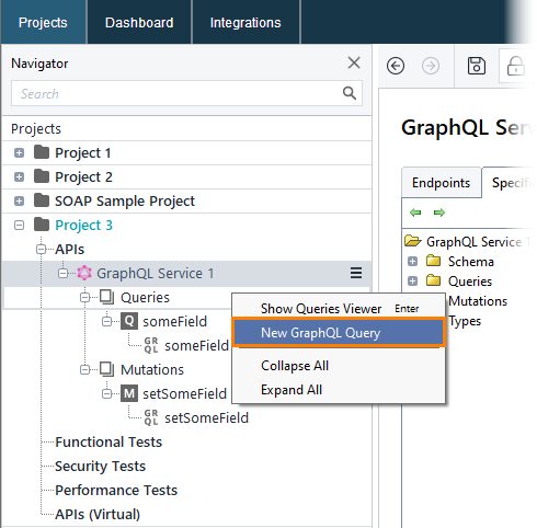 GraphQL testing: Add query or mutation via context menu
