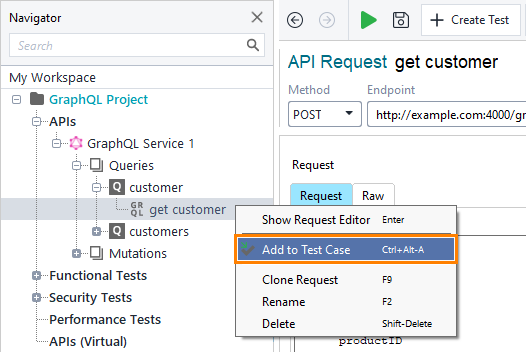 GraphQL testing in ReadyAPI: Adding GraphQL Request test step by using the context menu
