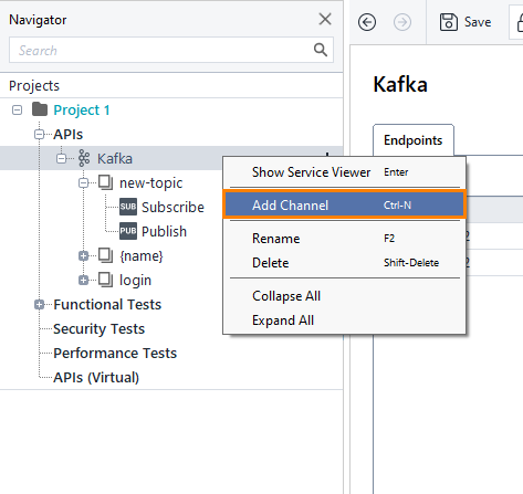 Kafka testing: Add channel via context menu