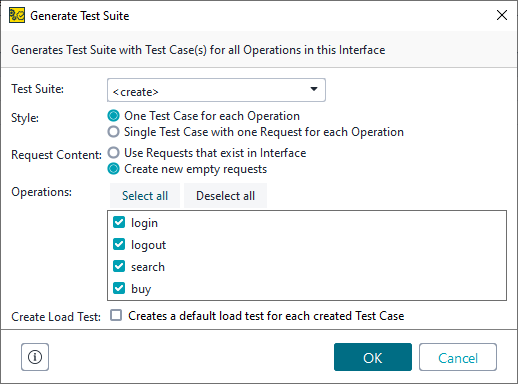 Functional testing with ReadyAPI: Generate Test Suite dialog