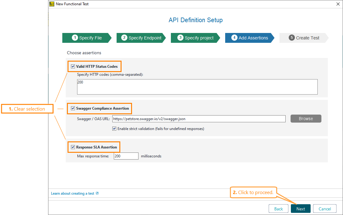 Creating API functional tests in ReadyAPI: The Add assertions page