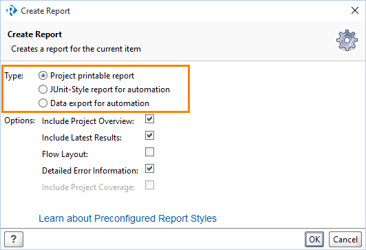 The new Create Report dialog
