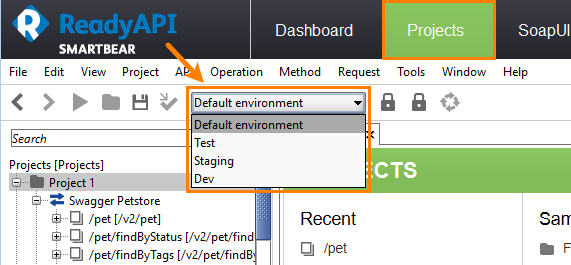 Switch environments from the Projects toolbar