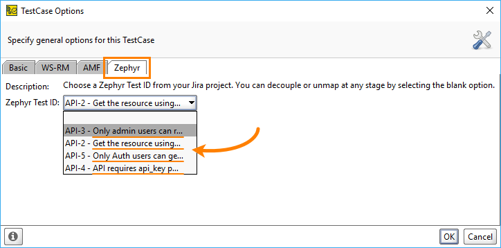 Zephyr test names in the Test Case Options dialog