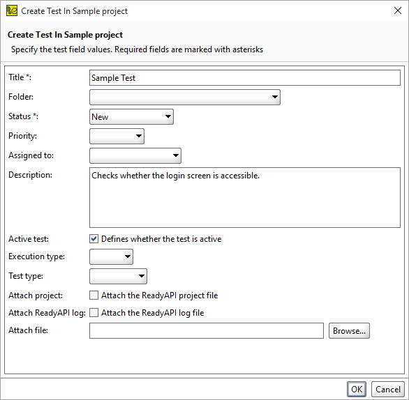 The Create Test in Project dialog