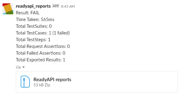 Test run results in Slack