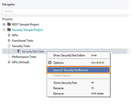 Launching the security test runner from the context menu