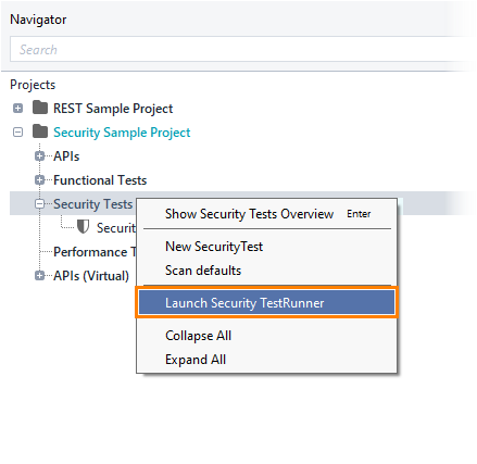Launching the security test runner from the context menu of the Security Tests node