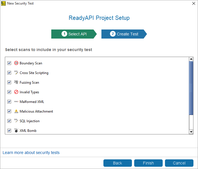ReadyAPI: Selecting scans for the API security test