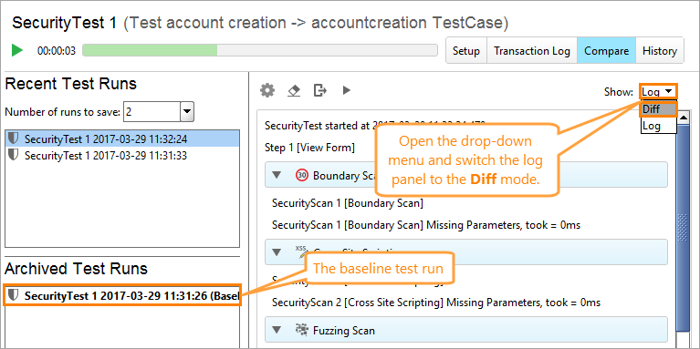 ReadyAPI: Switching between the log panel modes with the highlighted test run