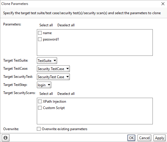 ReadyAPI: Clone security scan parameter dialog