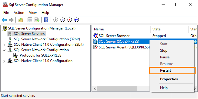 MS SQL Express: Calling the context menu in SQL Configuration Manager