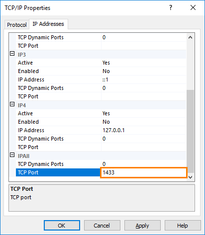MS SQL Express: Entering the port number on the IP Addresses tab