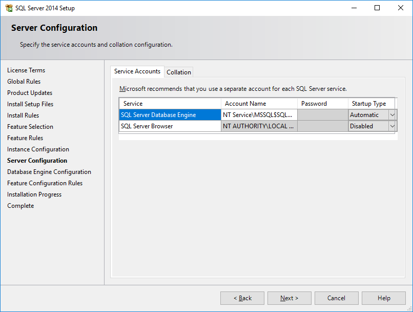 MS SQL Express: Server Configuration step