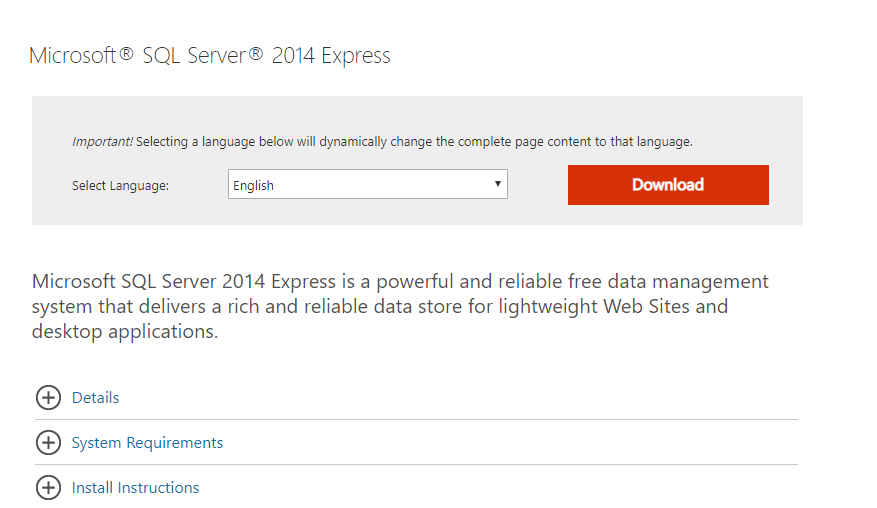MS SQL Express download page