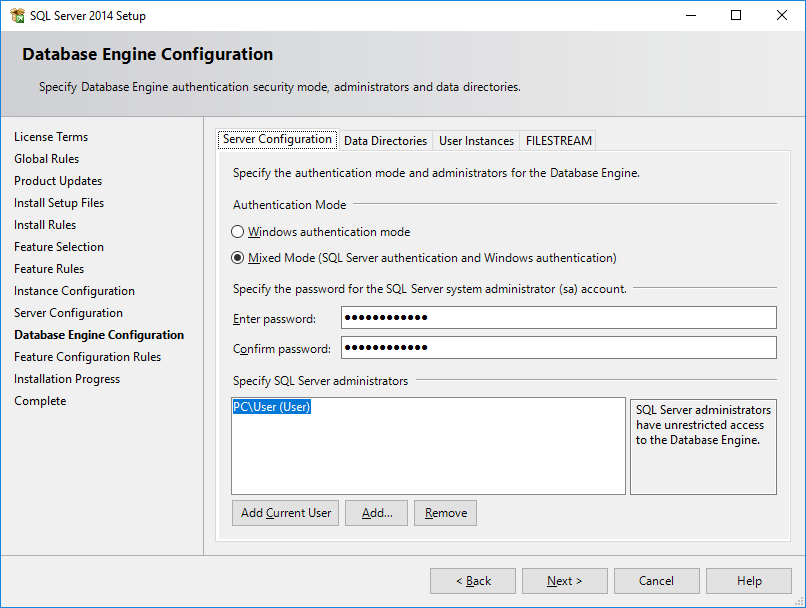 MS SQL Express: Database Engine Configuration step