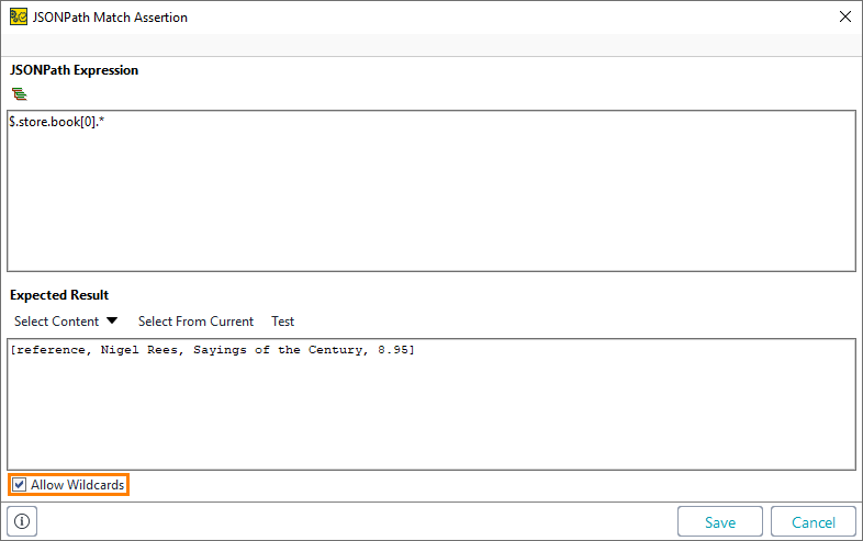 The wildcards enabled in the JSONPath Match assertion configuration dialog