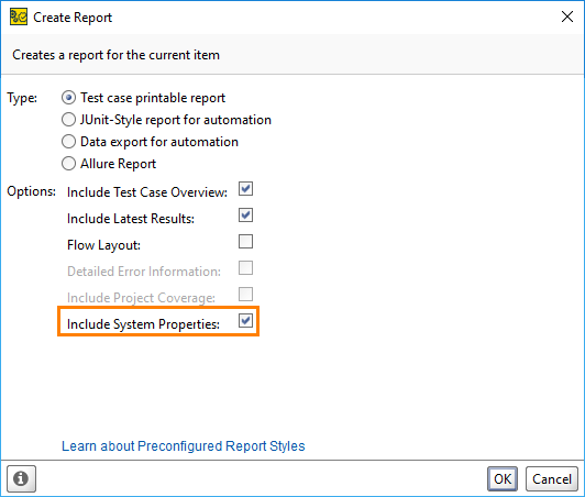 Create Report dialog with added parameter