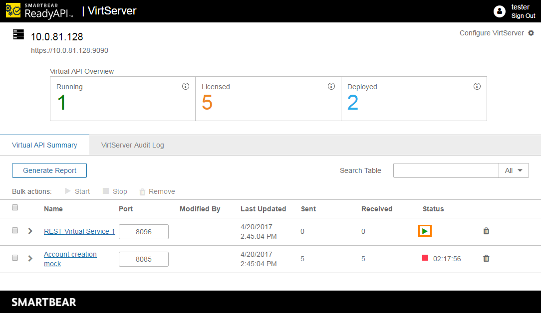 Service virtualization and API testing: Running virtual services from VirtServer UI