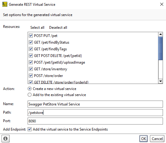 Service virtualization and API testing: Generating Virtual Service dialog