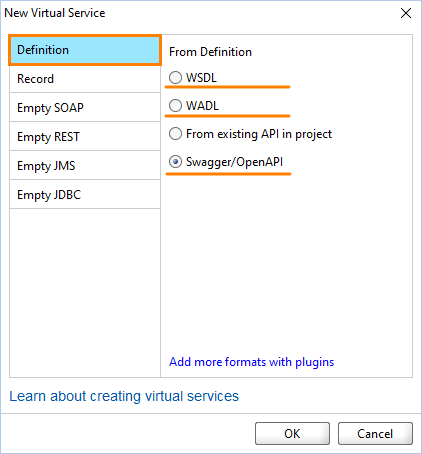 Service virtualization and API testing: New Virtual Service dialog