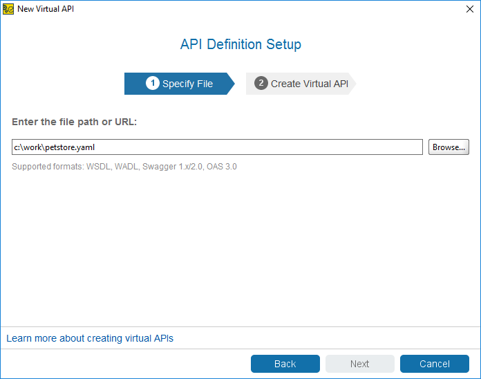 Service virtualization and API testing: Select a Swagger, WADL or WSDL file for your new virtual service